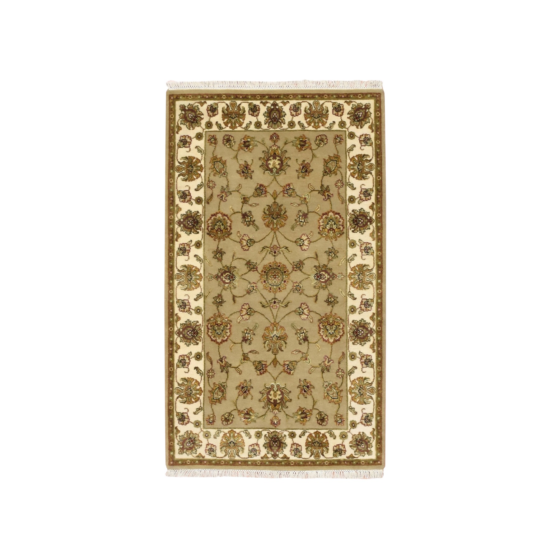 Khaki Brown, Rajasthan with All Over Leaf Design, Hand Knotted, Densely Woven, Wool and Silk, Thick and Plush, Oriental Rug